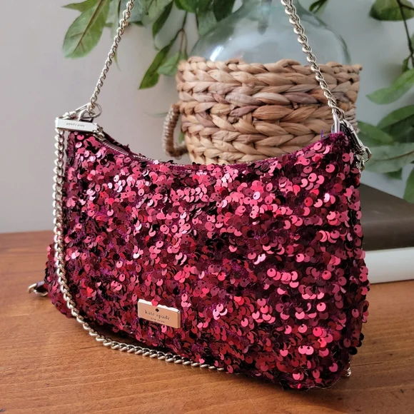 Kate Spade Kiki Deep Berry Burgandy Sequin Convertible Shoulder Bag Purse - Picture 3 of 15